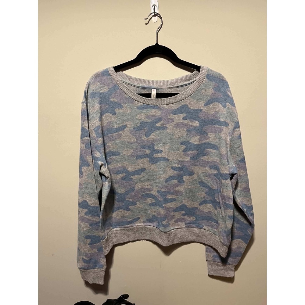Simple Pleasures Blue Purple Camo Sweatshirt Womens Large Long Sleeve Cropped